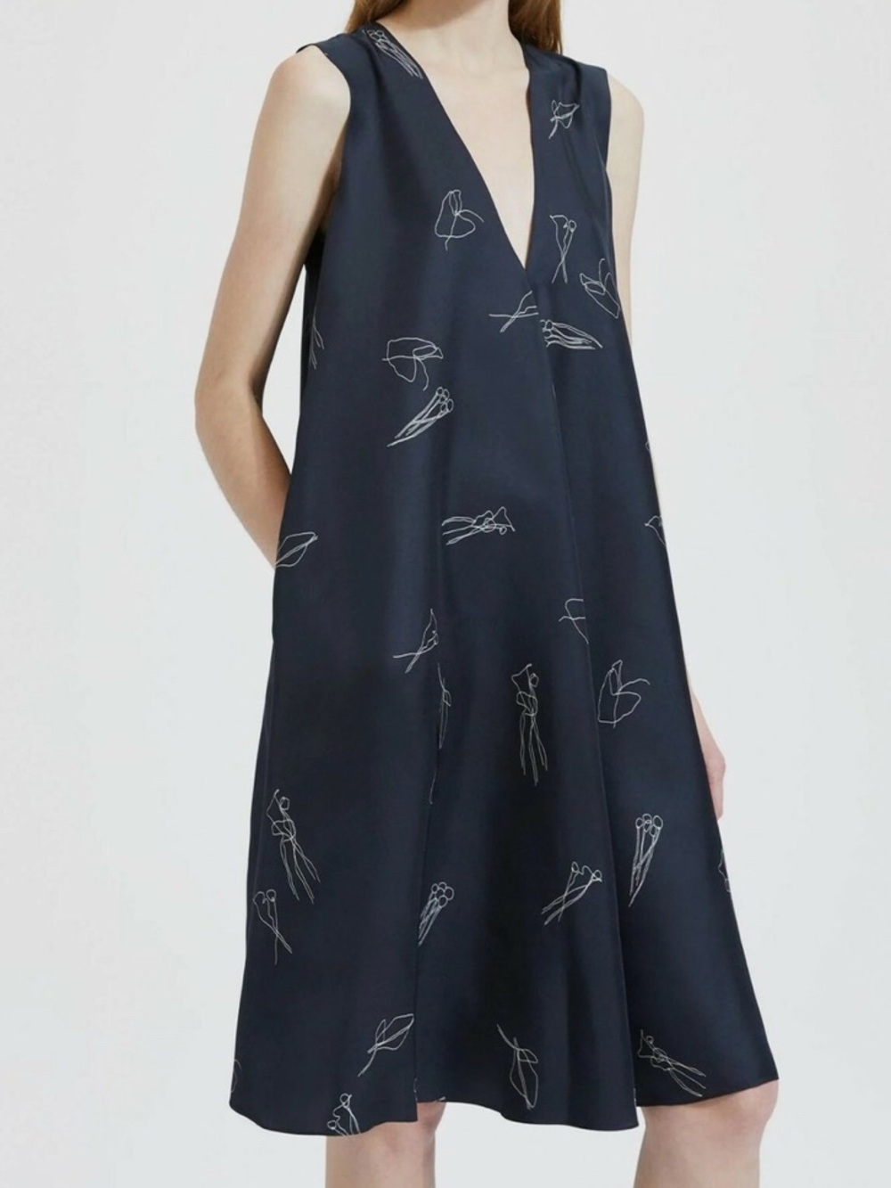 Theory Navy V-Neck Sleeveless Printed A-Line Dress